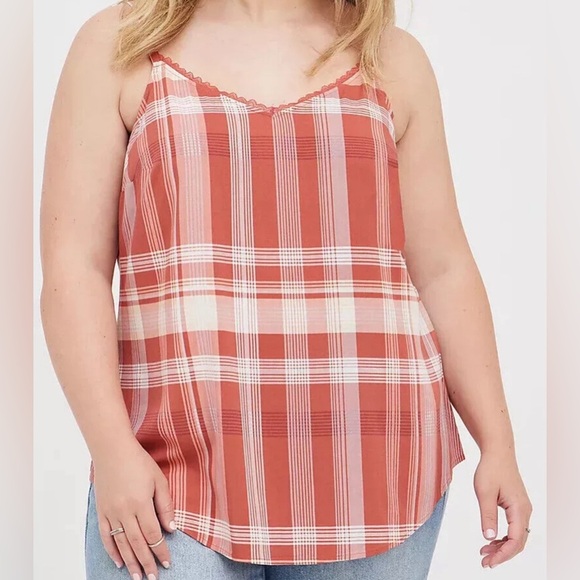 Torrid V Neck Ava Lace Trim Cami Stretch Challis Plaid Red Tank Top Plus Size 4X - Picture 1 of 12